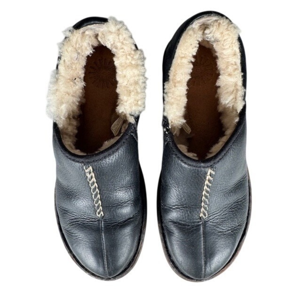 UGG Black Leather Shearling Lined Clogs Mule Shoes Womens Size 7 - Picture 12 of 15
